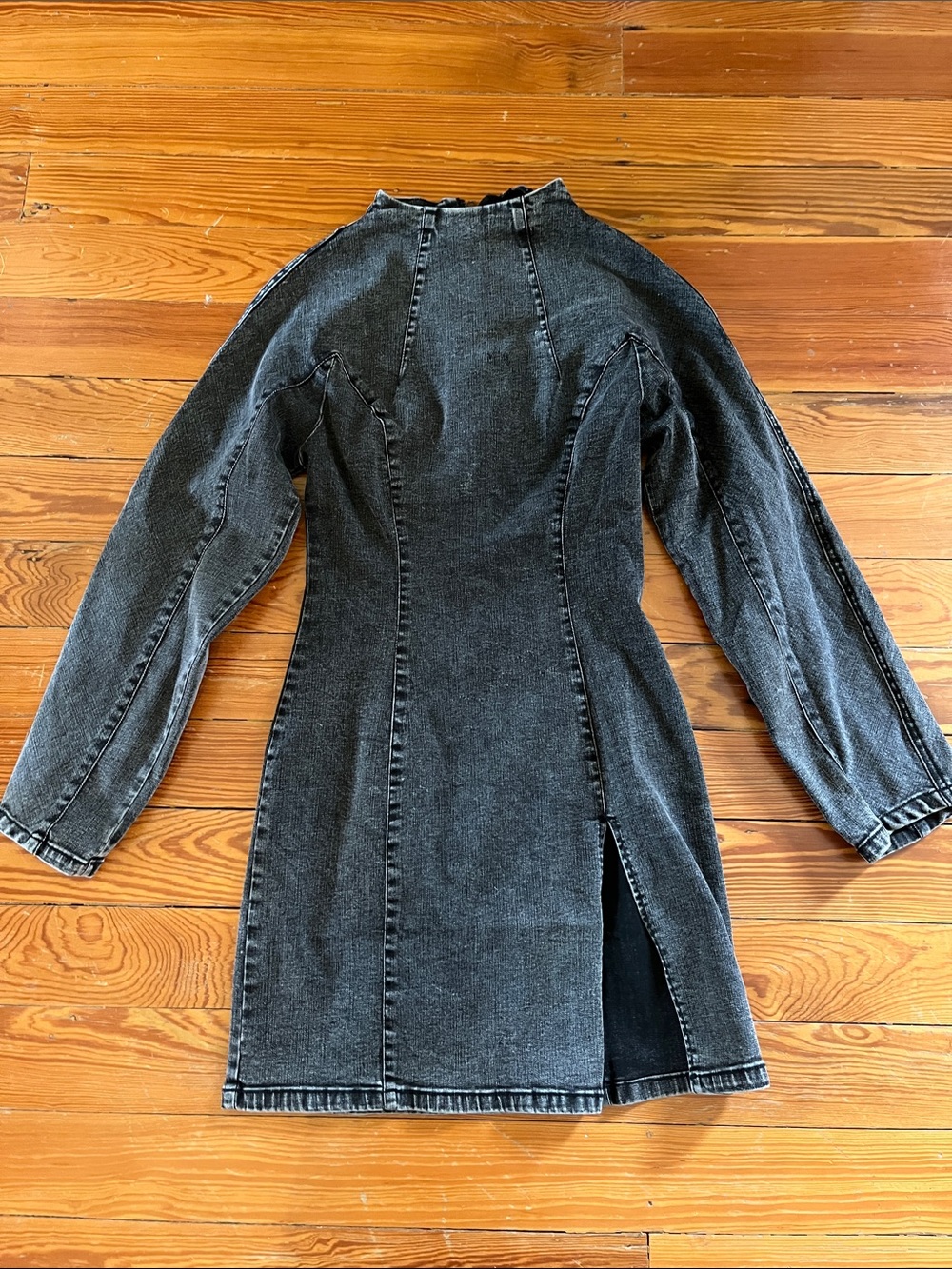 Washed Black Denim Long-Sleeve Mini Dress